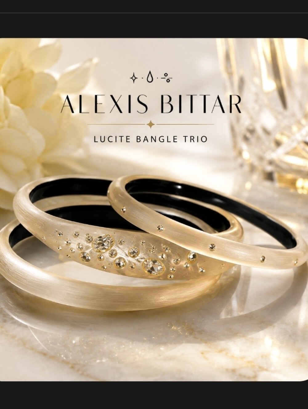 Alexis Bittar Champagne Lucite Crystal Bangle Bracelet Trio Set